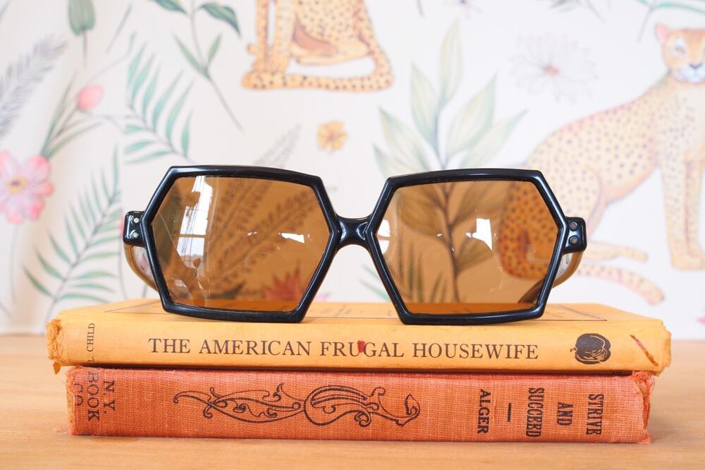 Vintage 1960s Hexagon Sunglasses Ebony Toned Mod Pop Art Beatnik Retro MCM